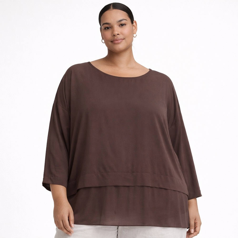 Eileen Fisher 100% Silk Brown Layered Tunic Top 3X Lagenlook Minimalist Airy
